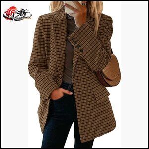 Wool Blend Plaid Houndstooth Blazer Jacket with Pockets Business Casual